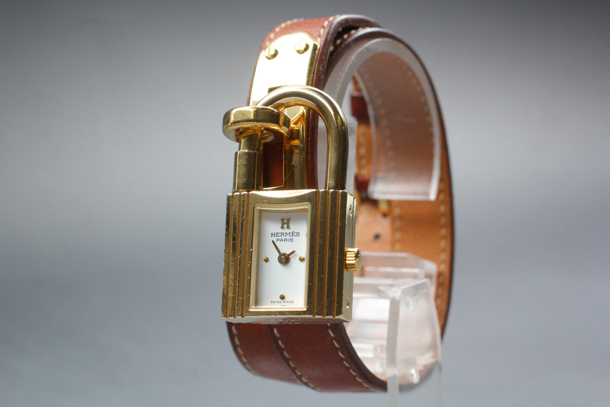 Overhauled [Exc+5 Box] HERMES Kelly Watch Gold Brown "I" Double Woman's Qz Watch