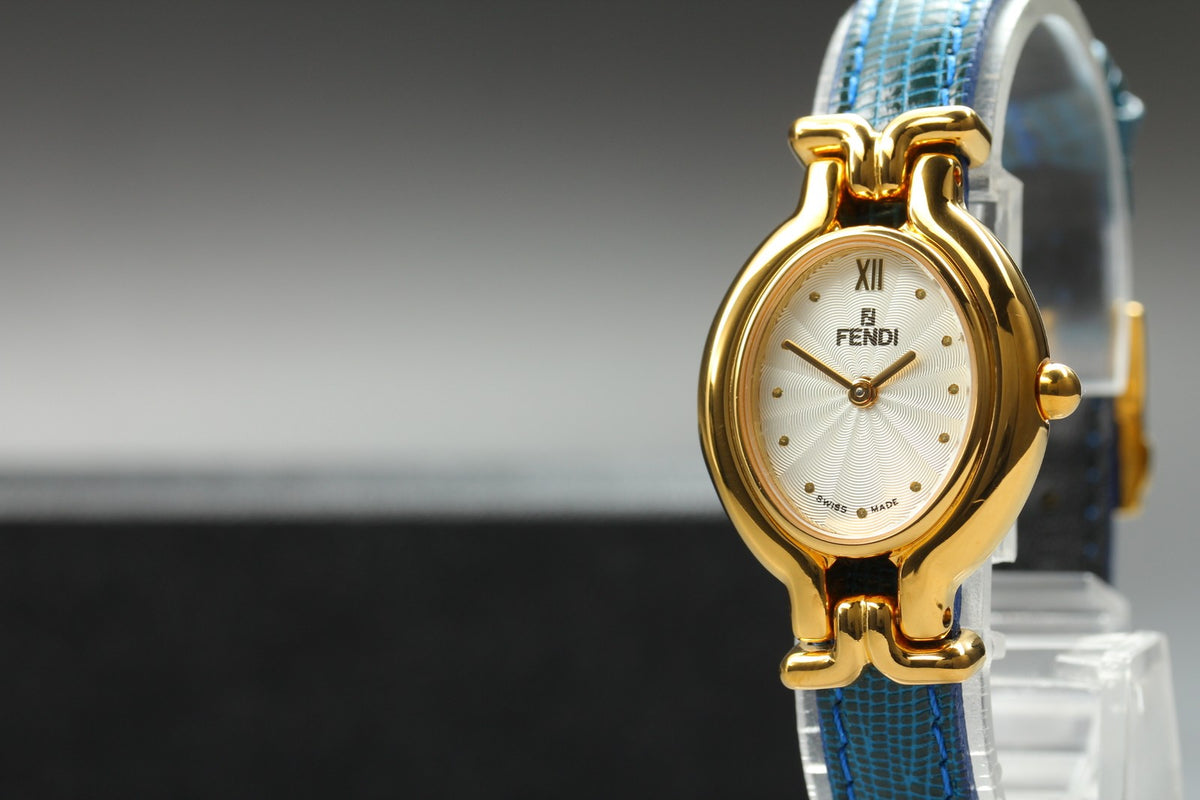 FENDI 640L Chameleon Blue Leather Belt Gold 24mm Women's Quartz Watch Vintage