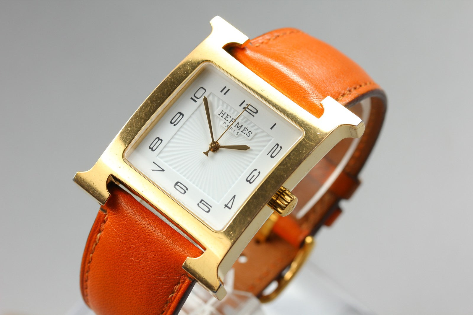 HERMES H Watch HH1.801 White Dial Gold Orange Leather Man's Watch Quartz