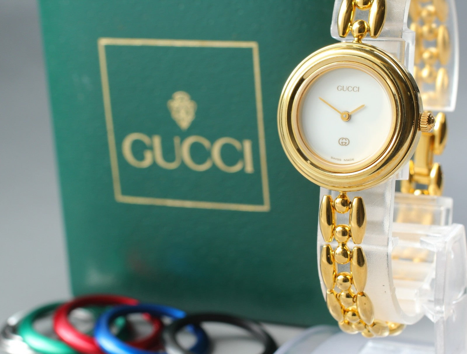 GUCCI Change Bezel 11/12 6 Colors Gold Bracelet Qz Woman’s Watch Vintage [Box]