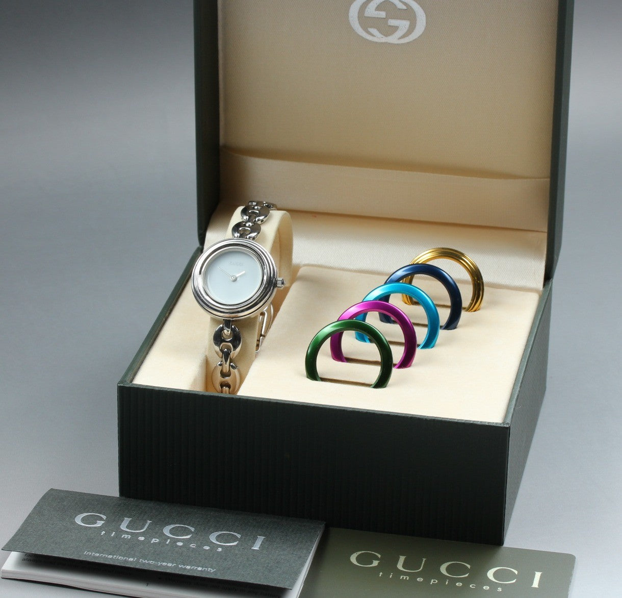 Vintage Gucci Change Bezel 11/12.2L 6 Colors Silver Women's Quartz Watch [w/Box]