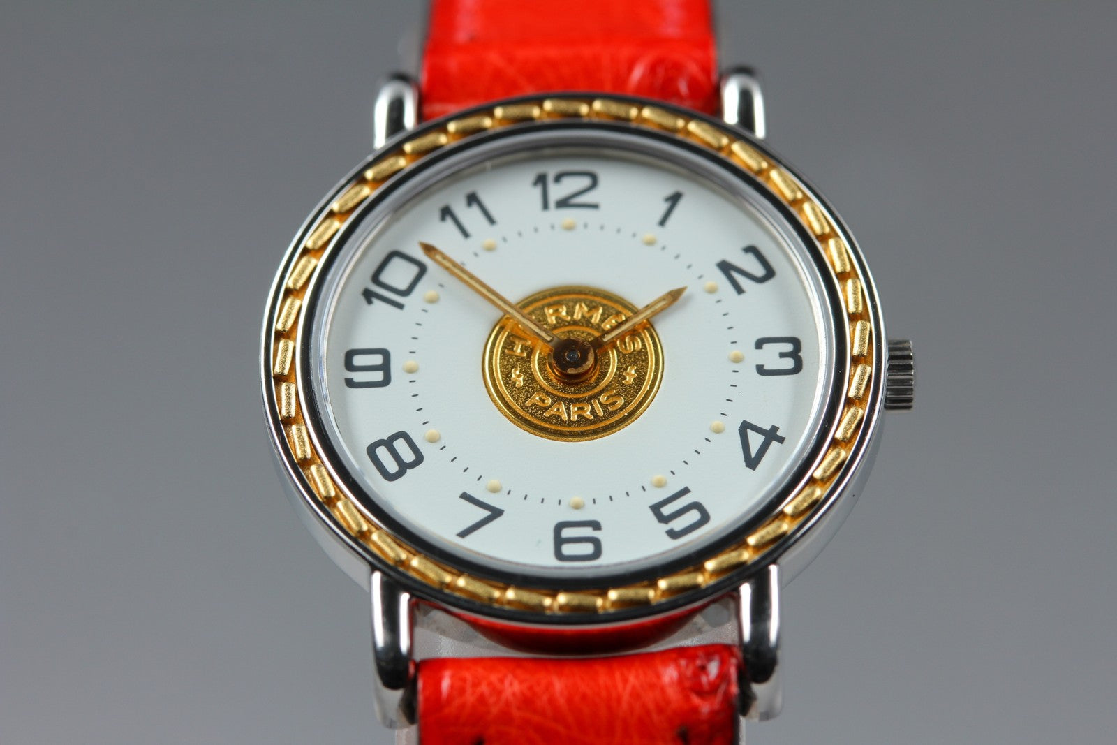 Vintage HERMES Sellier White Dial Red "T" 24mm Woman's Quartz Watch