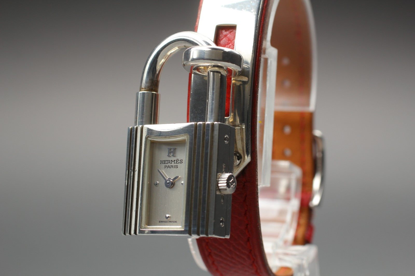 Vintage [Exc+5] HERMES Kelly Watch Silver Red Leather "Y" Woman's Quartz Watch