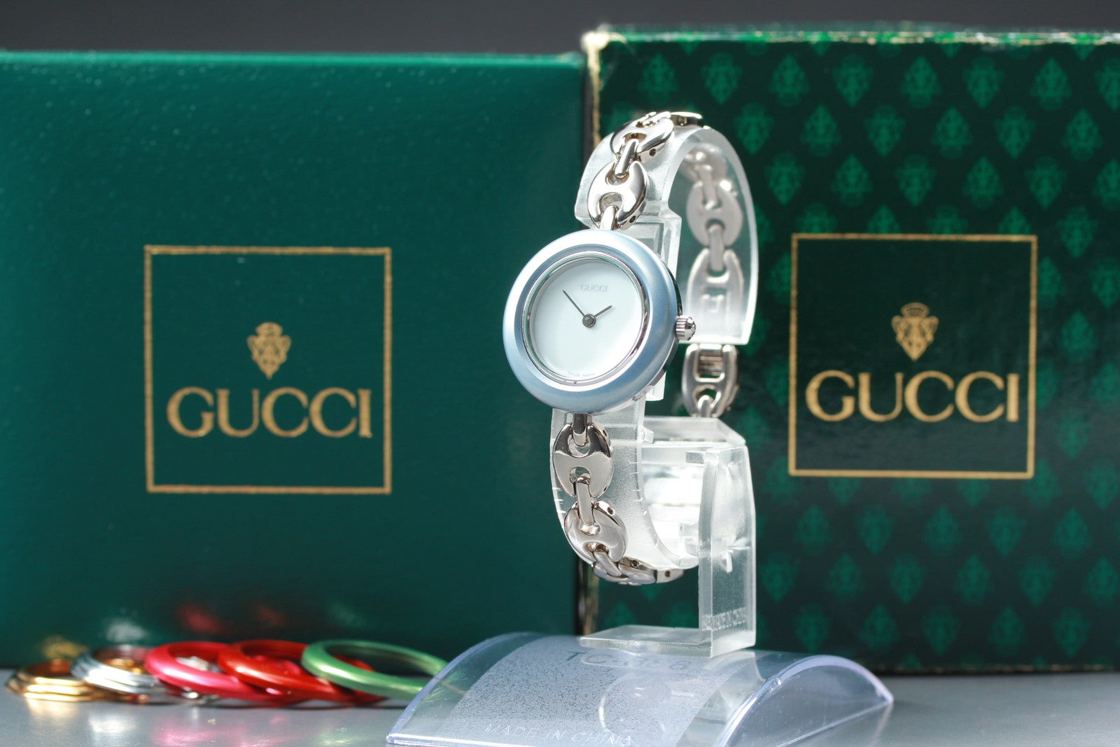 Vintage [Exc+4 Box] Gucci Change Bezel 11/12.2 6 Colors Silver Women's Qz Watch