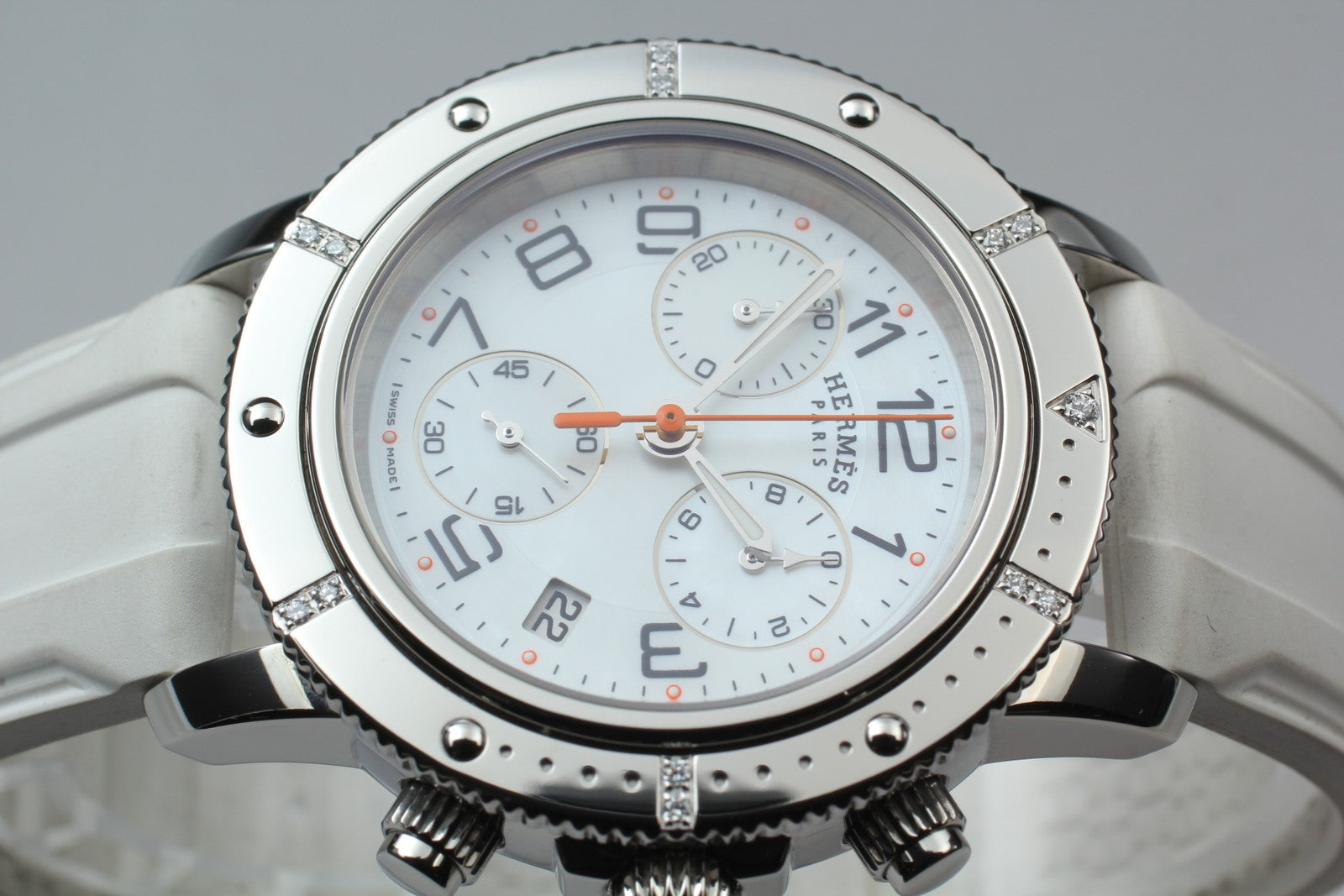 New Batt HERMES Clipper CP2.430 Quartz White Chronograph Men’s Watch 36mm JP Box