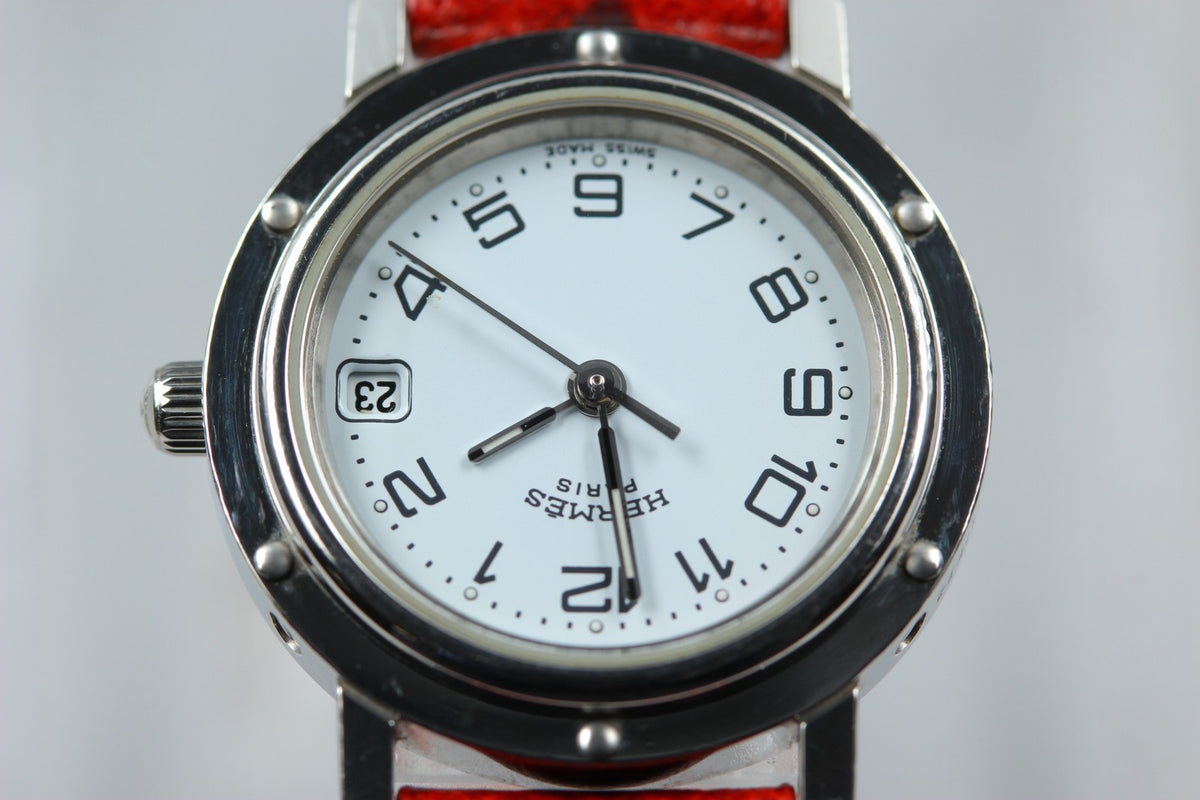 HERMES Clipper CL4.210 Date White Dial Red "E" 24mm Woman's Quartz Watch [Box]