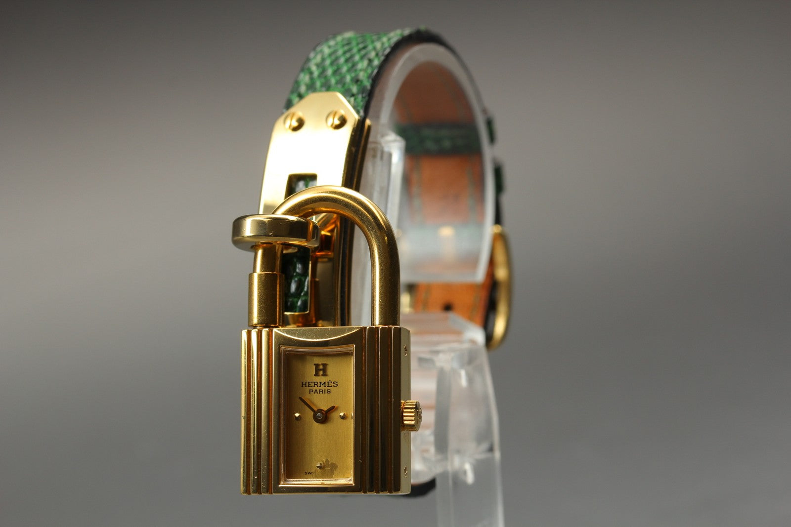 Overhauled [Exc+5 Box] HERMES Kelly Watch Gold Green "S" Woman's Quartz Watch
