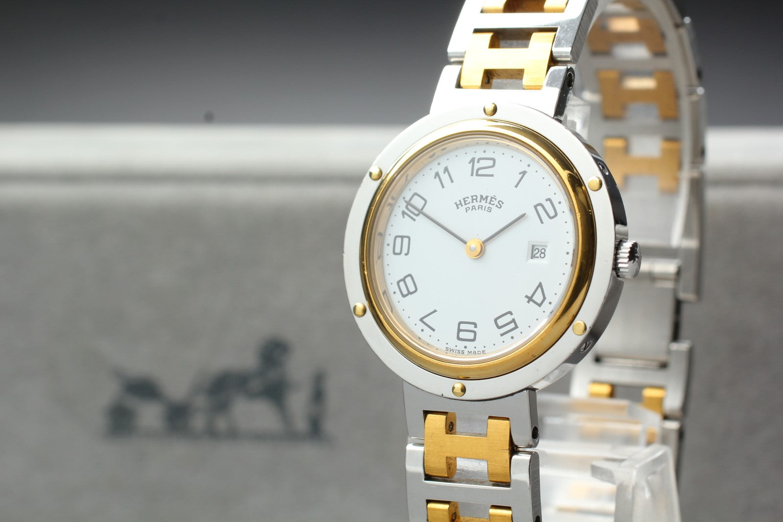 Vintage [Exc+5 Box] Hermes Clipper 30mm White Dial Gold Unisex Watch Quartz