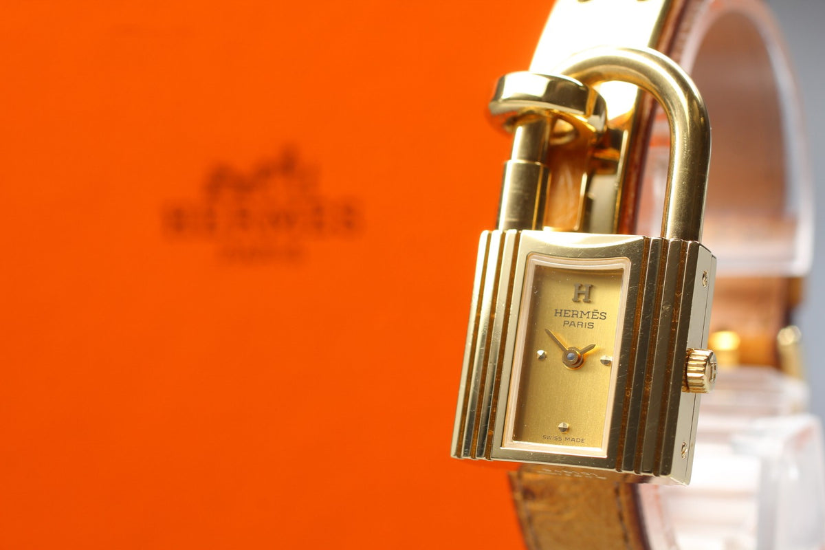 HERMES Kelly Watch Gold Brown Leather "Z" Woman's Quartz Watch Vintage [Box]