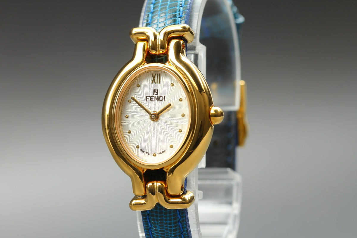 FENDI 640L Chameleon Blue Leather Belt Gold 24mm Women's Quartz Watch Vintage