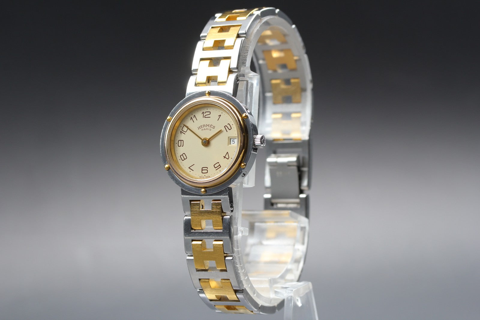 Vintage Hermes Clipper 24mm Ivory Dial Gold Woman's Watch Quartz [w /Box]