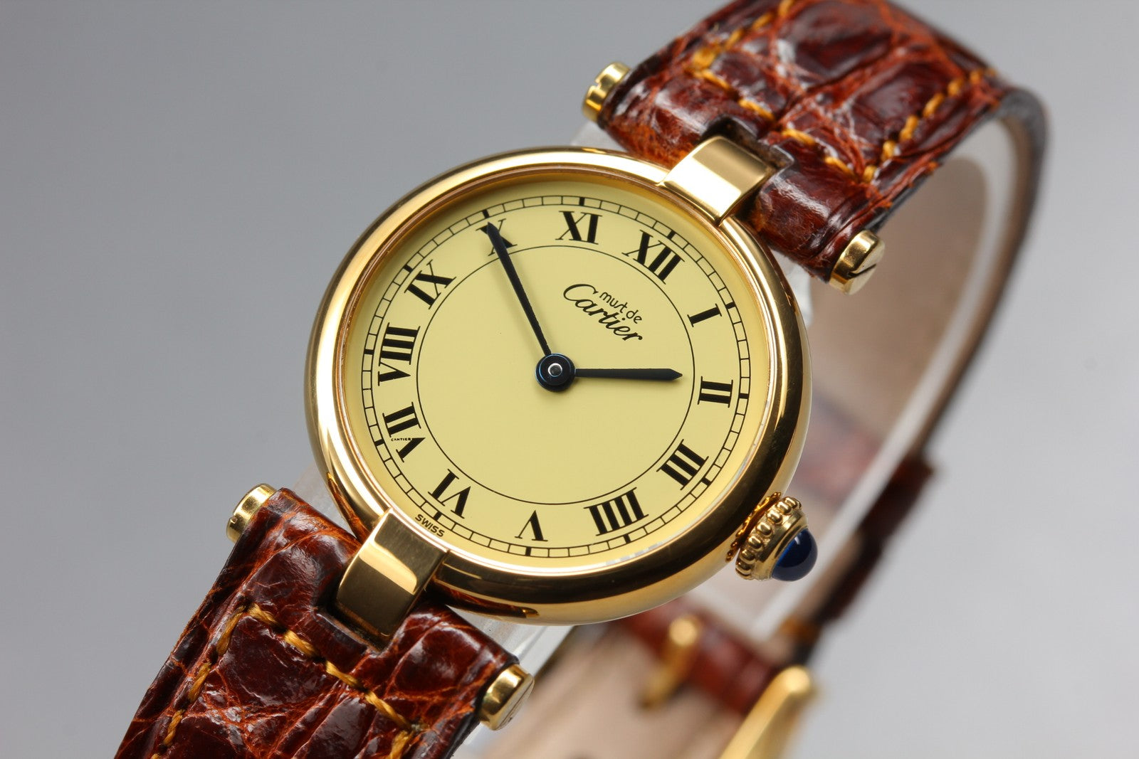 Vintage Cartier Must Vendome Vermeil 590004 Gold 23mm Brown Women's Qz Watch