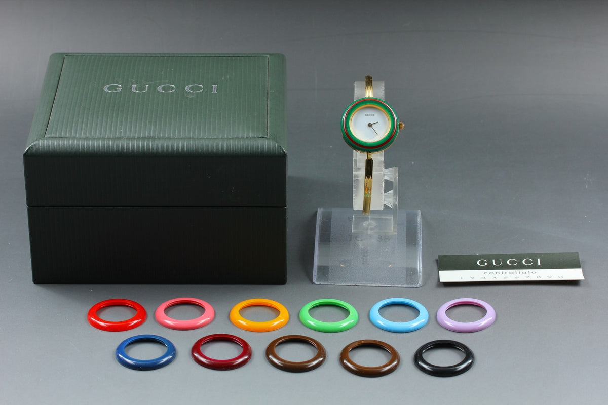 Gucci Change Bezel 11/12.2 12 Colors Gold Bangle Women's Qz Watch Vintage [Box]