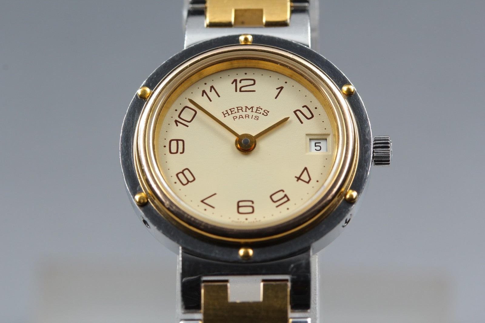 Vintage Hermes Clipper 24mm Ivory Dial Gold Woman's Watch Quartz [w /Box]