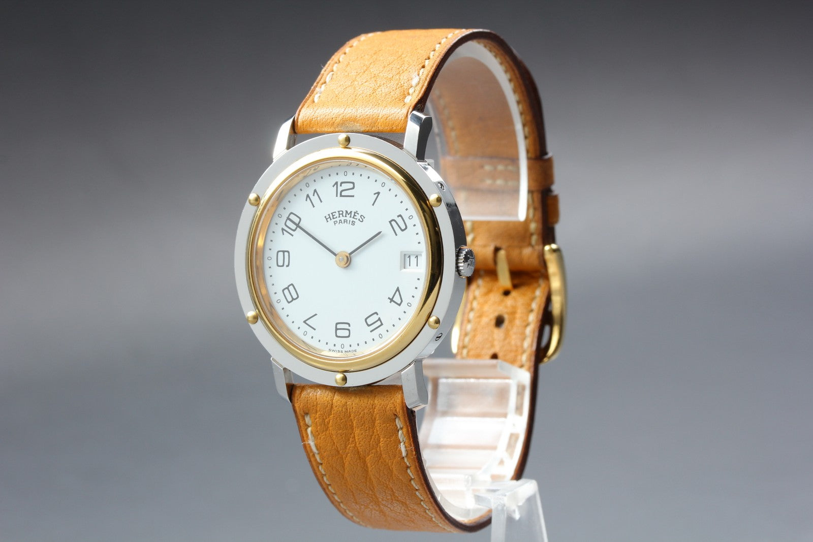 Vintage Hermes Clipper 34mm White Dial Brown Date Unisex Watch Quartz  [w/Box]