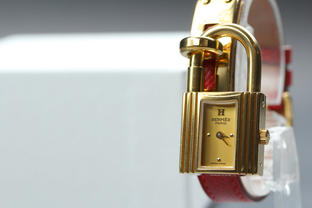 [Overhauled] HERMES Kelly Watch Gold Dial Red Leather "W" Woman's Watch Quartz