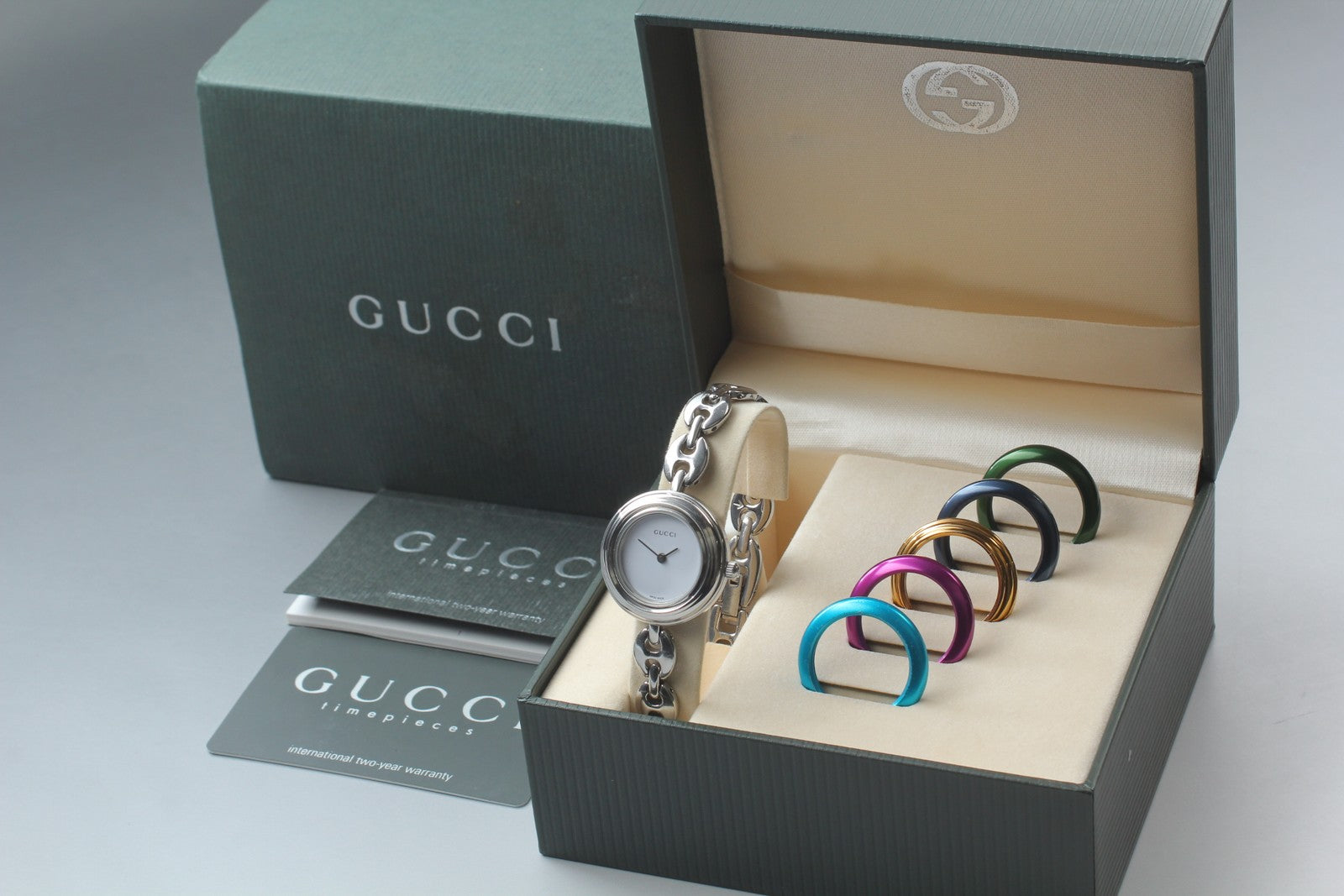 Vintage Gucci Change Bezel 11/12.2L 6 Colors Silver Women's Quartz Watch [w/Box]