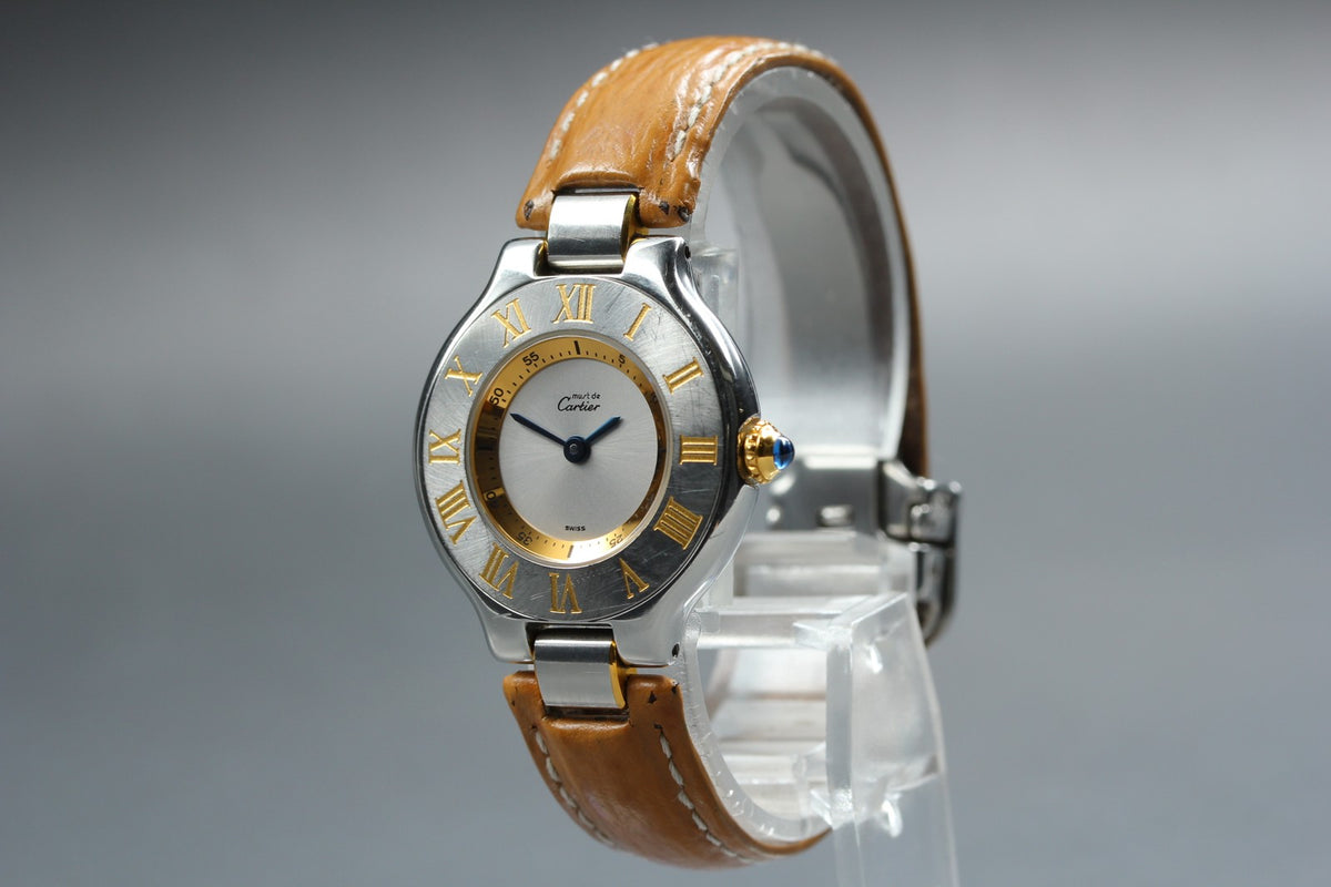 Vintage Cartier Must De 21 1340 Silver Quartz Women's Watch 27mm JAPAN Box