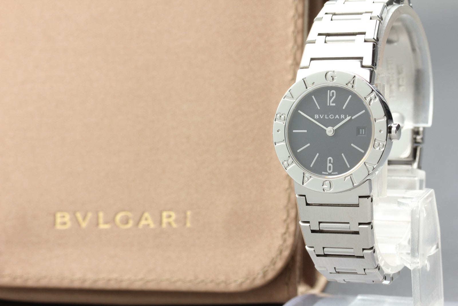 New Batt BVLGARI BB26SS Black Dial Quartz Date Women's Watch 26mm Used JAPAN