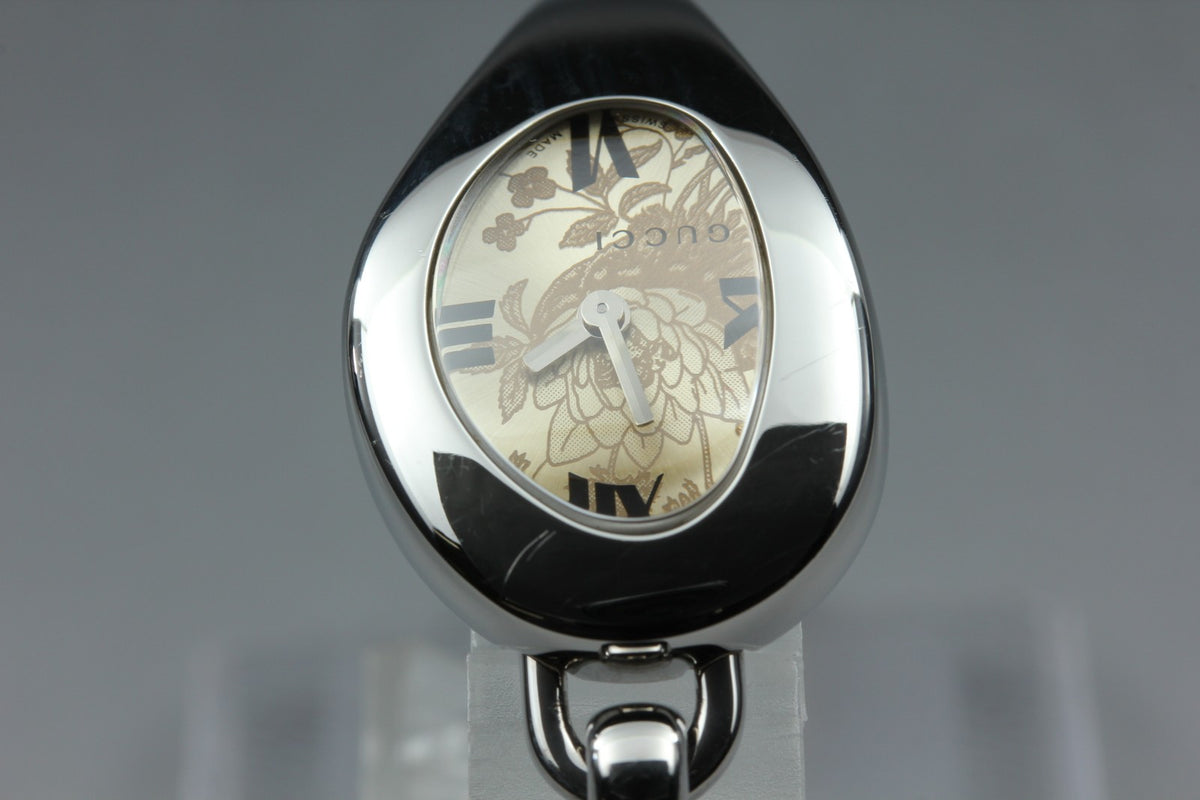 GUCCI 103 Champagne Floral Dial Silver Quartz 21 mm Bangle Women's Watch