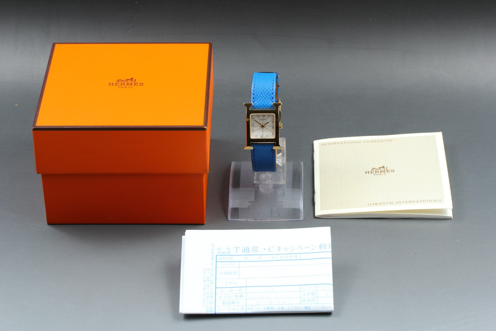 [Overhauled] HERMES H Watch HH1.201 Gold Blue "B" Woman's Watch Quartz Box