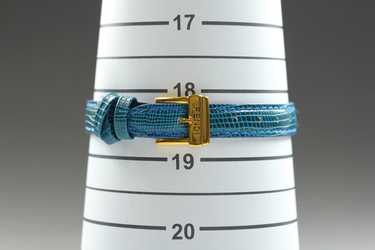FENDI 640L Chameleon Blue Leather Belt Gold 24mm Women's Quartz Watch Vintage