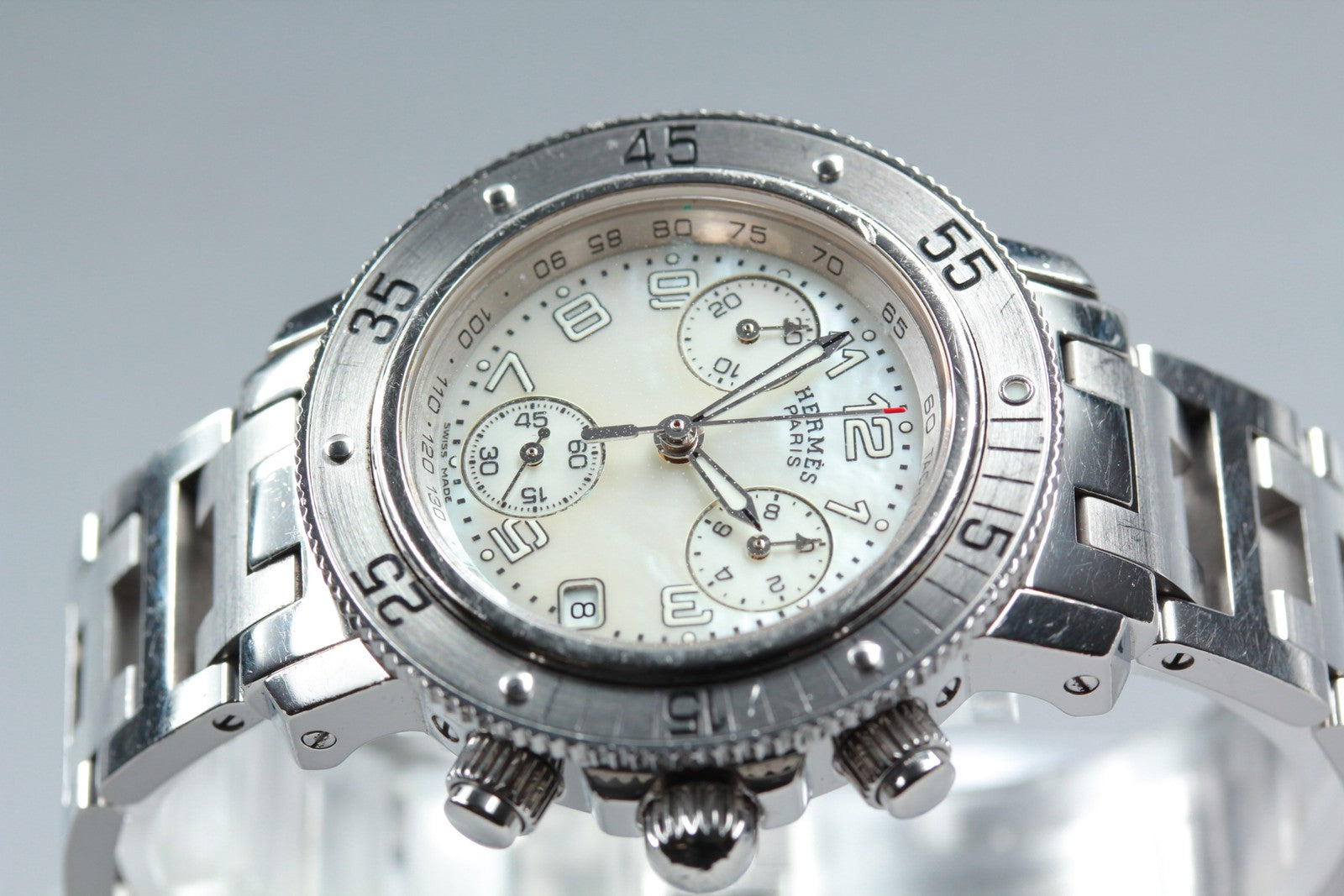 HERMES Clipper CL2.310 White Shell Dial Quartz Diver Women's Watch 34mm JAPAN