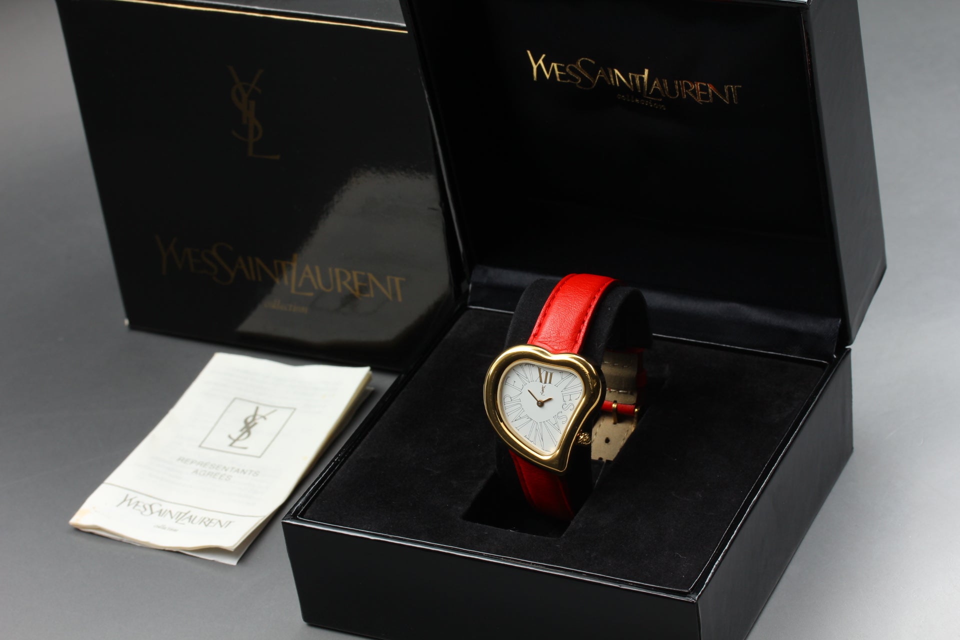 Yves Saint Laurent Heart Red Leather Gold 31mm Women's Watch Quartz [w/Box]
