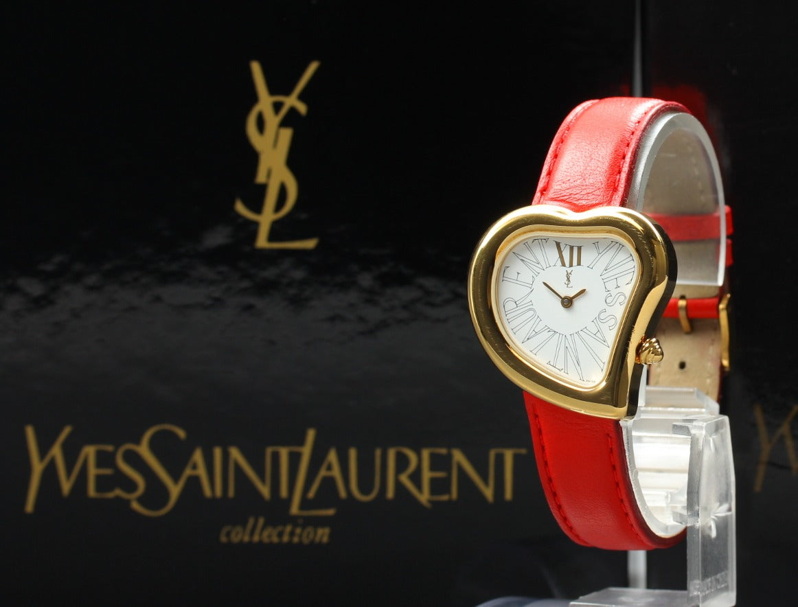 Yves Saint Laurent Heart Red Leather Gold 31mm Women's Watch Quartz [w/Box]