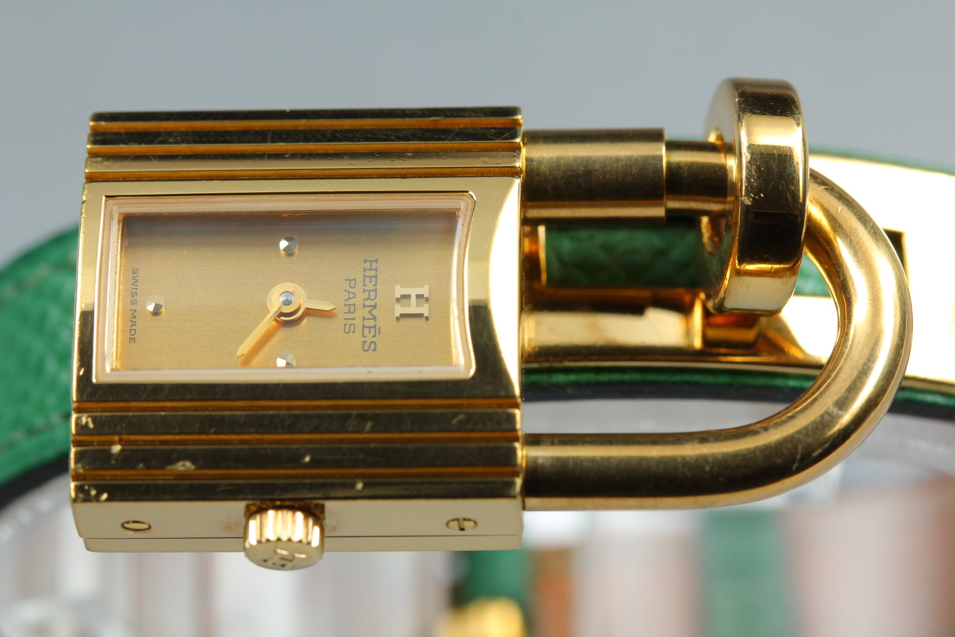 Vintage HERMES Kelly Watch Gold Dial Green "Y" 20mm Woman's Watch Quartz [w/Box]